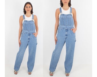 90s 1990s Mid Medium Blue Long Denim Overalls | Unisex Mens Ladies Womens Girls | Trouser Pant Overalls Dungarees (#4) - Size XS