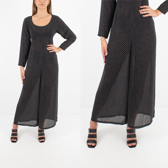 90s 1990s Sheer Black & White Polka Dot Jumpsuit P