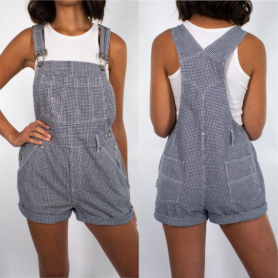 Vintage 90s Gingham Blue White Check Overalls Wome