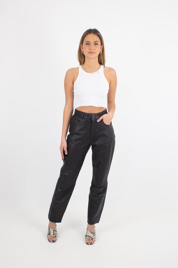 Black Leather Pants | High Waist Rise Leather Tro… - image 2