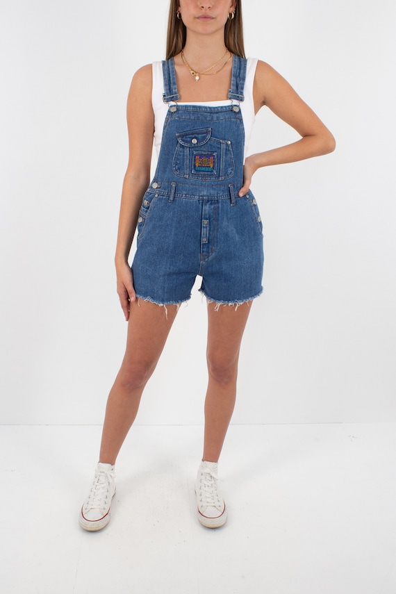 90s Dark Blue Cotton Denim Short Overalls | Womens