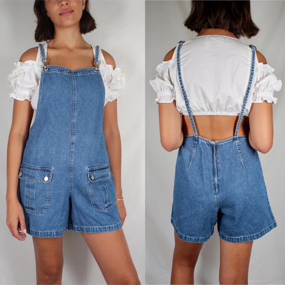 Vintage 90s Blue Denim Overalls Womens Short Overa