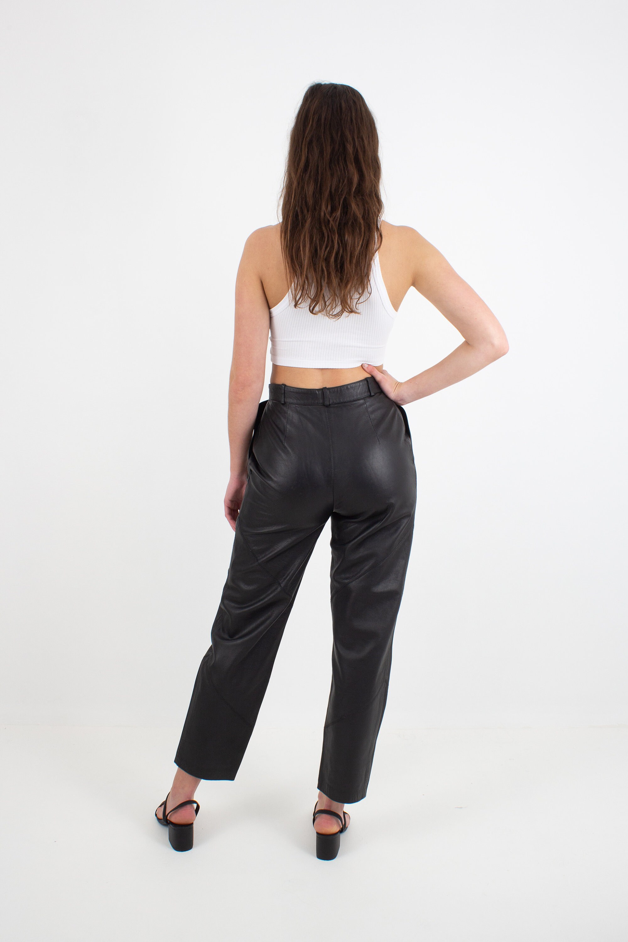 パンツ 80-90s black leather flare pants archive Vintage 90s Black Leather Pants with Laces archive moto