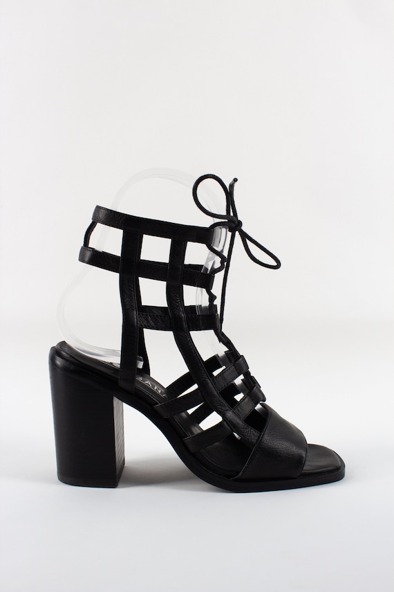 Vintage 90s Style Black Leather Strappy Sandals H… - image 1