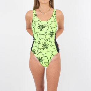 80s/90s Neon Yellow with Black Flowers Sexy One Piece Swimsuit Swimwear Swim Bathers Bathing Suit High Cut Cheeky Size Fits XS S image 4