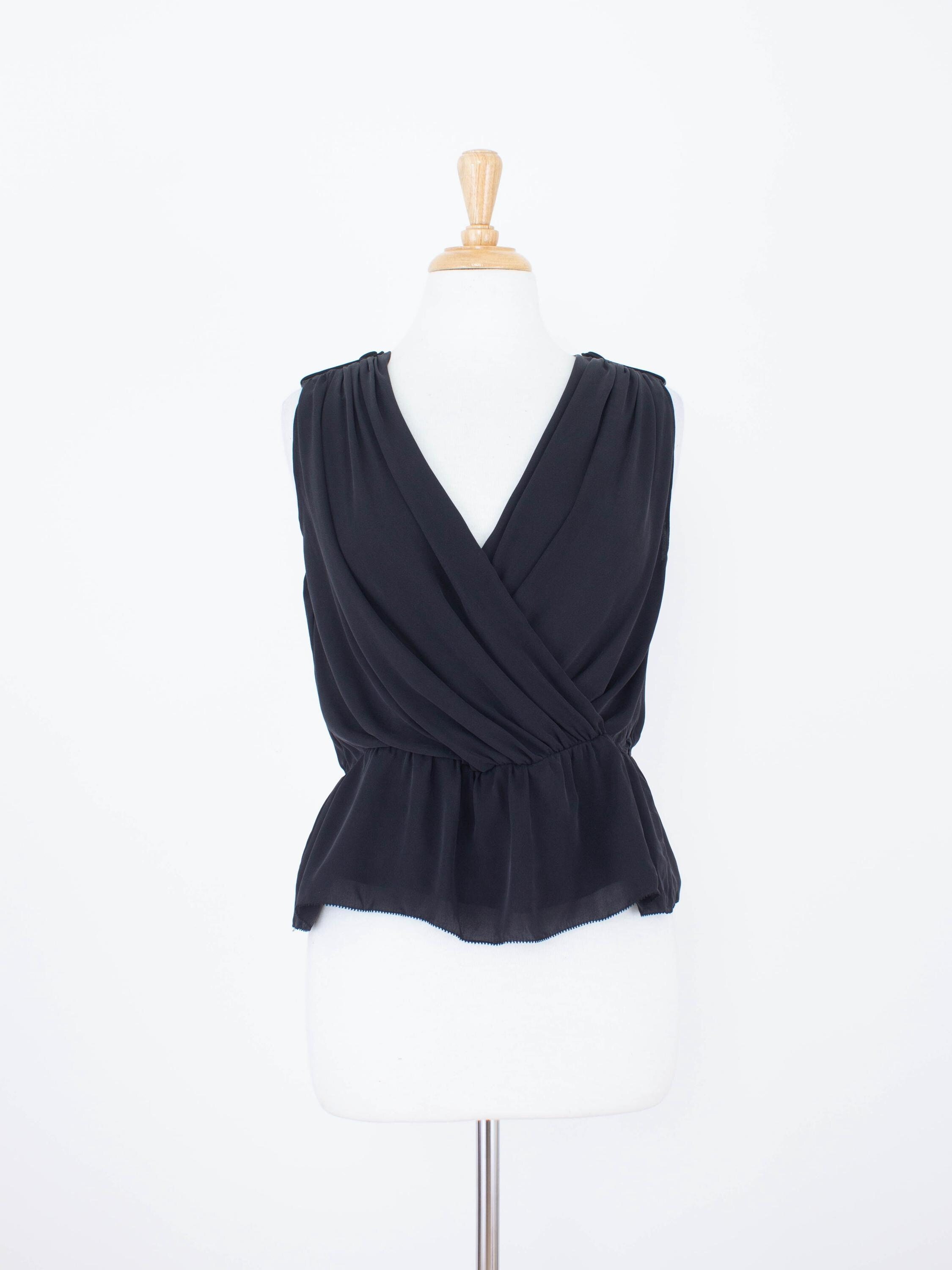Black Sleeveless Crossover Drape Womens Silk Blouse | Crepe Georgette Pure Silk Summer Cinched Waist NEW, Unworn | 3 Sizes XS, S, M