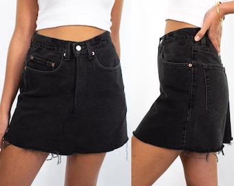 Vintage 90s Black Levis High Waist Denim Mini Skirt Raw Hem | 5 Sizes | 24" 25" 26" 27" 28"