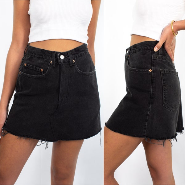 Vintage 90s Black Levis High Waist Denim Mini Skirt Raw Hem | 5 Sizes | 24" 25" 26" 27" 28"
