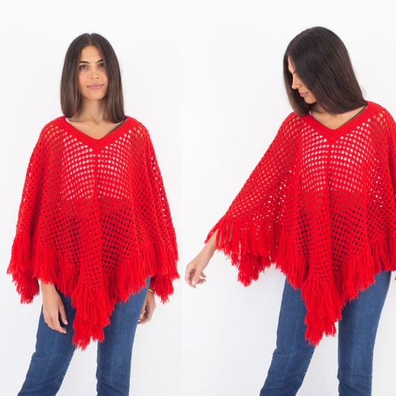 70s 1970s RED Crochet Hand Knit Sleeveless Poncho… - image 1