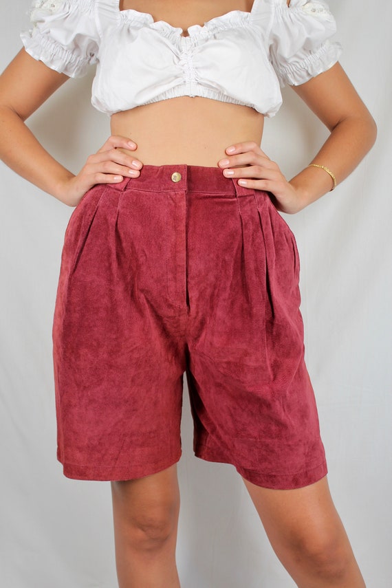 Vintage High Waist Dark Red Suede Leather Bermuda… - image 4