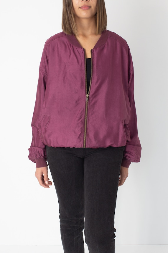 80s 90s Magenta Pure Silk Bomber Jacket Unisex Me… - image 2