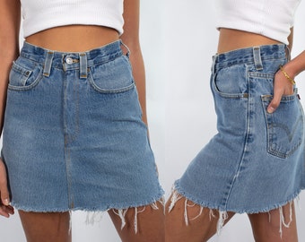 Vintage 90s Blue Levis High Waist Denim Mini Skirt Raw Hem | 8 Sizes | 24&quot; 25&quot; 26&quot; 27&quot; 28&quot; 29&quot; 30&quot; 31&quot;
