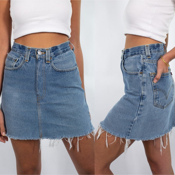 Vintage 90s Blue Levis High Waist Denim Mini Skirt Raw Hem | 8 Sizes | 24" 25" 26" 27" 28" 29" 30" 31"