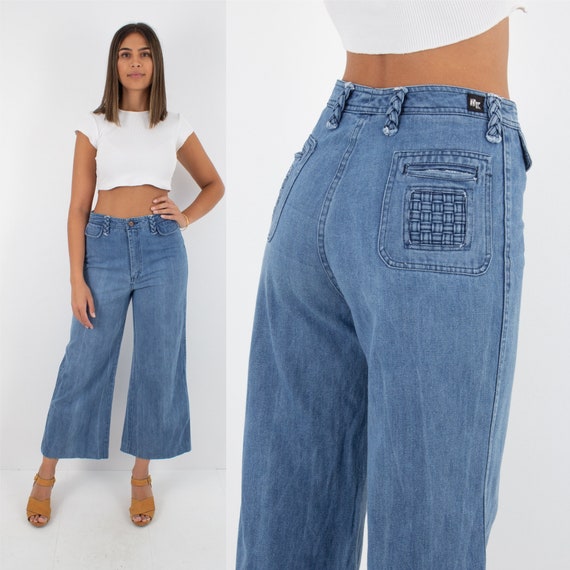 70s 1970s High Waist Cropped Wide Leg Flare Blue J