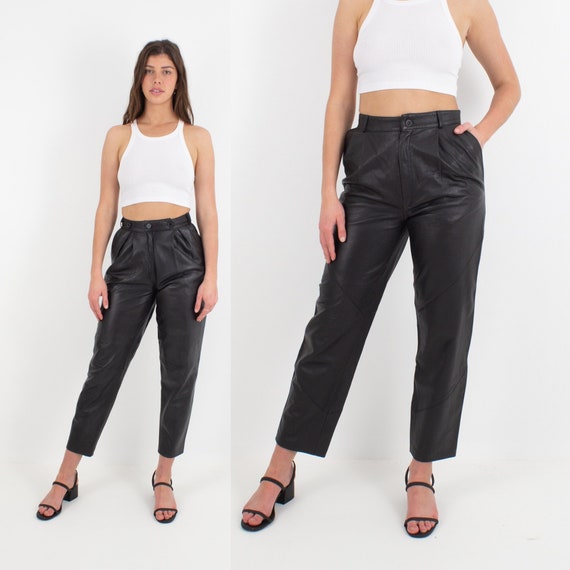 80s/90s Black Leather Pants Trousers Womens Ladies High Waist Rise