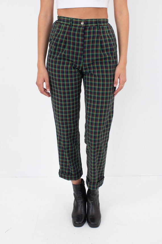 Green Plaid Gingham Check High Waist Pants - Size