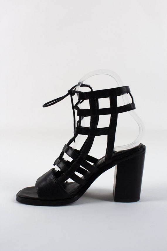 Vintage 90s Style Black Leather Strappy Sandals H… - image 2