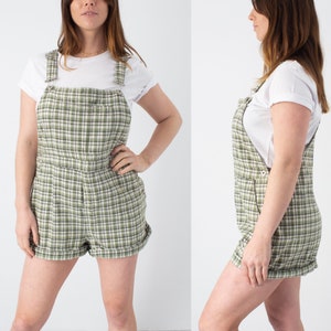 90s 1990s GREEN + White Check Plaid LINEN Overalls Dungarees | Spring Summer Overalls | Womens Ladies Girls Short Cotton - 2 Sizes L & XL