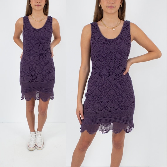 1970s 70s Purple Crochet Short Mini Dress | 70s C… - image 1