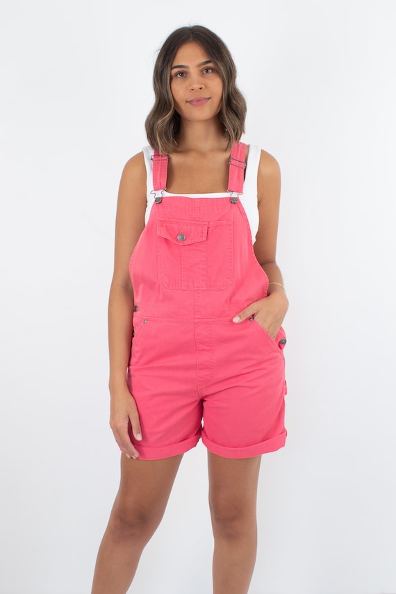 90s 1990s Pink Denim Short Overalls Cotton Overalls Womens Ladies