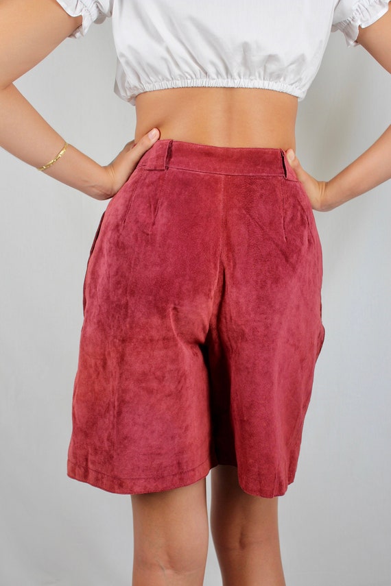 Vintage High Waist Dark Red Suede Leather Bermuda… - image 1