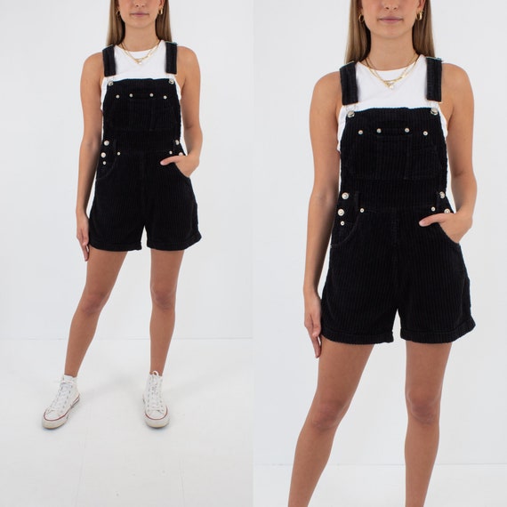 90s 1990s Black Cord Corduroy Short Overalls Dung