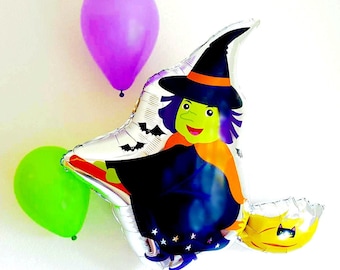 35" Witch on broom balloon. Halloween balloons. Trick or treat. Halloween decor. Halloween party. Halloween balloon banner. witch. witch hat