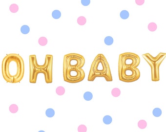 16" OH BABY balloons/banner. baby boy balloons. oh boy balloons. baby shower balloons. gender reveal party. gold balloons. baby spritz