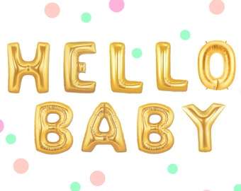 16" Gold HELLO BABY balloons/banner. Baby shower balloons. Mom to be balloons. Baby balloons. Oh baby balloons. Baby shower decor. Baby