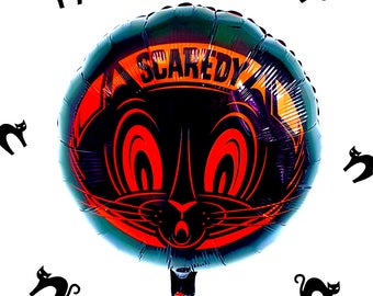 18" Retro scaredy cat balloon. Halloween balloons. Trick or treat. Halloween decor. Halloween party. Halloween balloon banner. cat balloon