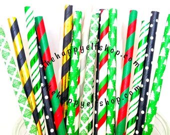 Vintage Christmas cartoon straw variety. Christmas straws. tree straws. red and green straws. gold straws. santa straws. christmas party