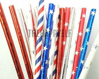 Patriotic Party Straws: Red, White & Blue, Silver - 24 Count