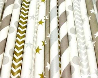 Silver and gold straw variety. Celebration party supplies. Silver chevron. Gold chevron. silver polka dots, Baby sprinkle decor. Anniversary