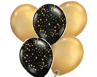 11" Black and  gold star balloons. black and gold. gold balloons. gold star balloons. black with gold star ballons. graduation balloons