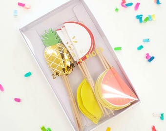 Meri Meri fruit picks (12). pineapple party supplies. pineapple party plates. flamingo plates. party like a pineapple. pineapple