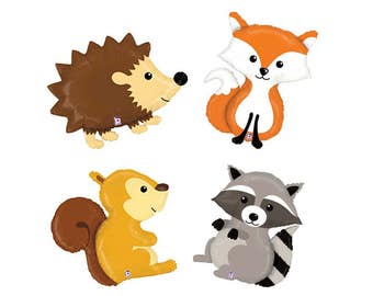36" Woodland Animal Balloons: Fox, Raccoon, Chipmunk, Hedgehog - 4 Pack