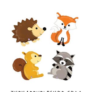 May include: Four colorful foil balloons featuring woodland animals: a fox, a raccoon, a squirrel, and a hedgehog. The balloons are all in a sitting position and have a cartoon-like appearance. The text "THEHAPPYELFSHOP.COM" is printed below the balloons.