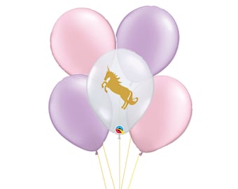 11" Unicorn balloons. pastel balloons. pastel unicorn balloons. Gold unicorn balloons. unicorn party. uni party. unicorn party decor. uni