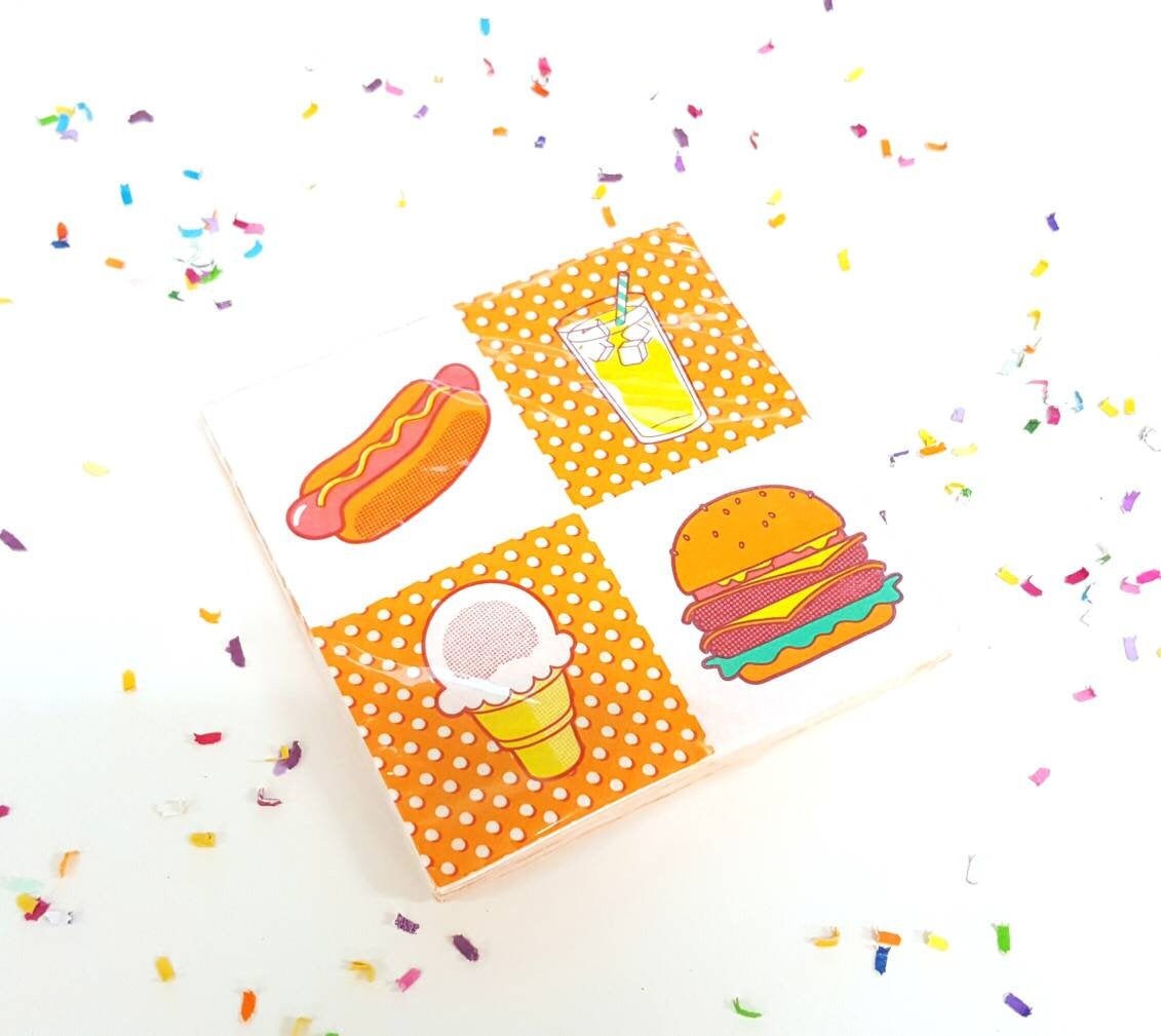 Retro food napkins. Retro napkins. Fast food decor. Hot dog napkins