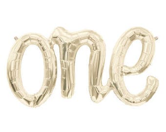 One script balloon. Script balloons. white gold balloons. one year balloon. first birthday party. first birthday balloons. script balloons