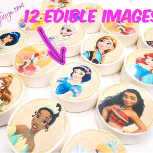May include: A collection of 12 edible images featuring various Disney princesses. Each image is round and placed on a white base. The text "12 EDIBLE IMAGES" is written in pink. The website treatsbytaryn.com is also visible.