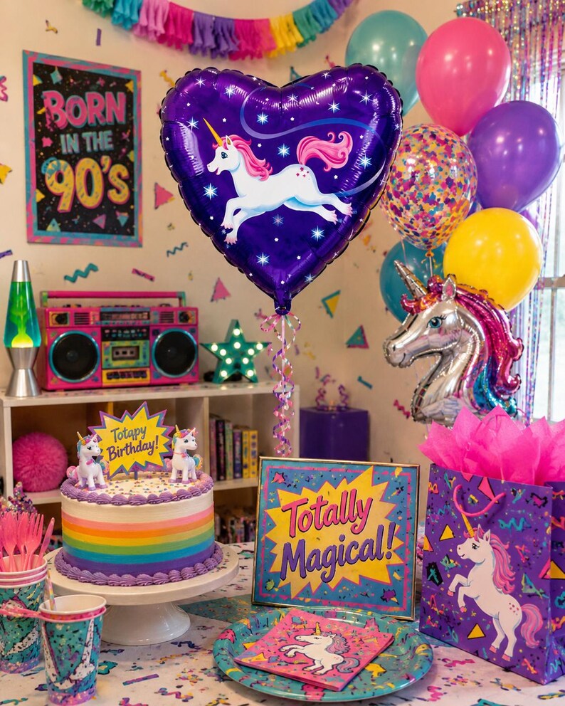 May include: A birthday party setup featuring a purple heart-shaped unicorn balloon, a round cake with rainbow stripes and a Totapy Birthday topper, a Totally Magical sign, a unicorn gift bag, and colorful balloons in a 90s themed room.