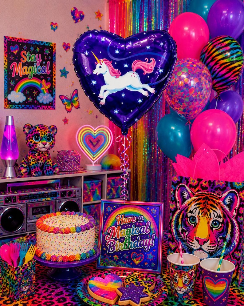 May include: A birthday party setup featuring a heart-shaped purple unicorn balloon, a confetti-covered cake on a stand, a sign reading Have a Magical Birthday, tiger-themed cups, a leopard plush, and a boombox on a leopard print tablecloth.