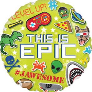 Op de afbeelding: Groene ronde folie ballon met een verscheidenheid aan kleurrijke cartoon afbeeldingen en de tekst "This is Epic" en "#Jawsome" erop gedrukt.