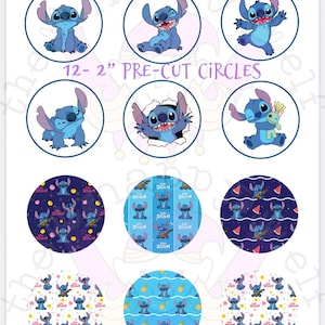 May include: Twelve pre-cut circles, each 5 cm in diameter, showcasing the character Stitch in various poses and patterns. The circles include images of Stitch with different expressions and patterns, including a blue background with Stitch and musical notes.