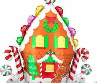 31" Gingerbread house balloon. Jumbo gingerbread balloon. Holiday balloons. Christmas balloons. Elf decor. Christmas party. Hot chocolate.