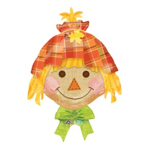 May include: A smiling scarecrow face balloon with a plaid hat, yellow hair, and a green bow tie. The balloon is a fall-themed decoration.