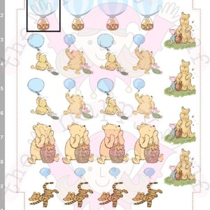 May include: Sheet of Winnie the Pooh themed stickers. The stickers feature illustrations of Winnie the Pooh, Piglet, Tigger, and hot air balloons in various poses. The color palette includes yellow, brown, blue, and pink.