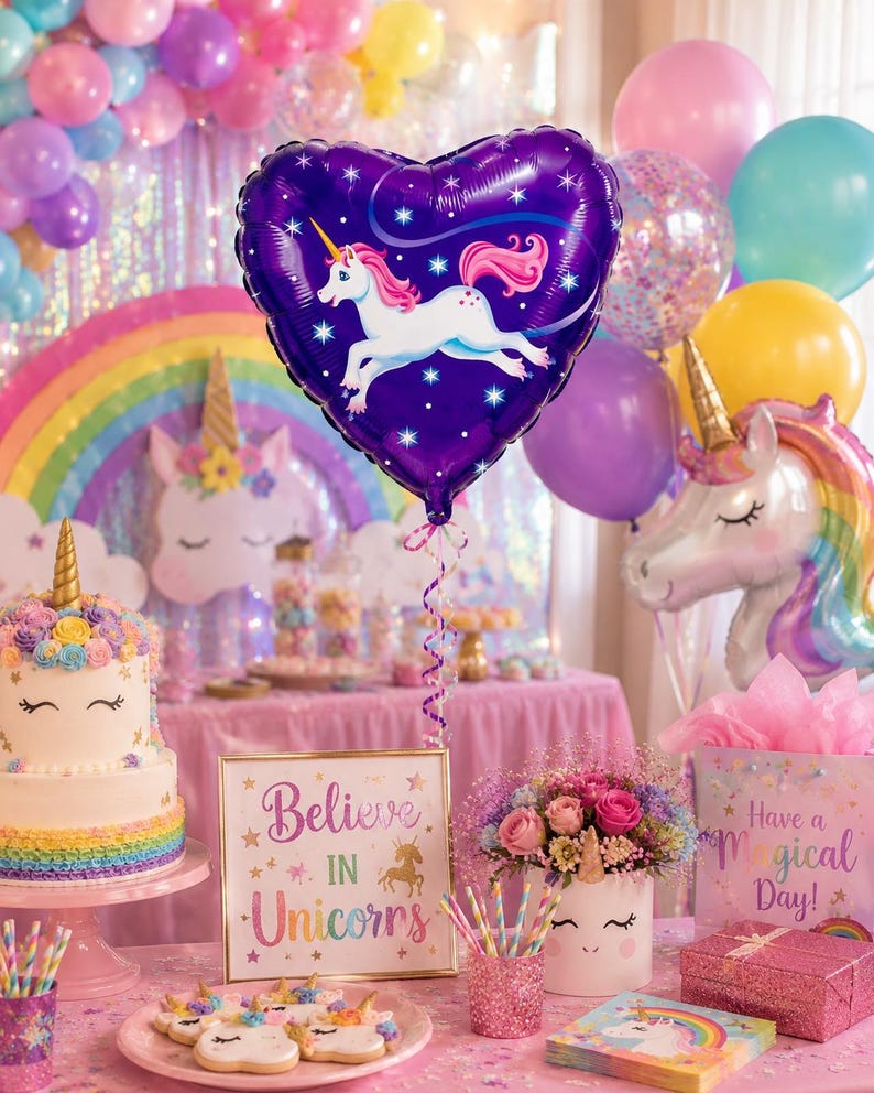 May include: A heart-shaped purple foil balloon featuring a white unicorn with a pink mane and tail, surrounded by white stars. The balloon is part of a party display with a unicorn cake, a sign that says Believe IN Unicorns, and flowers.