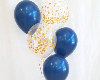 11" Navy and clear gold confetti balloons. Navy and gold. Navy balloons. Gold confetti balloons. Navy and gold balloons. Navy latex